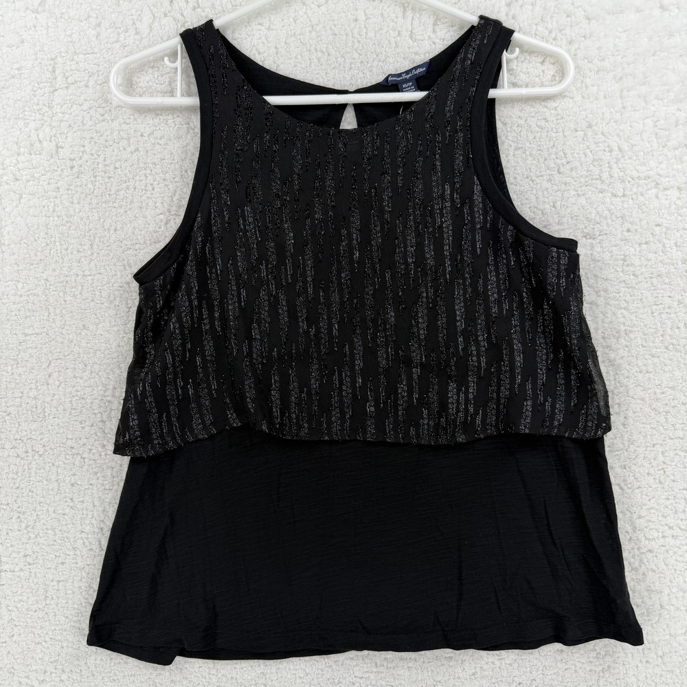 American Eagle Tank Womens XSβ Black Metallic Layered Keyhole Sleeveless Party